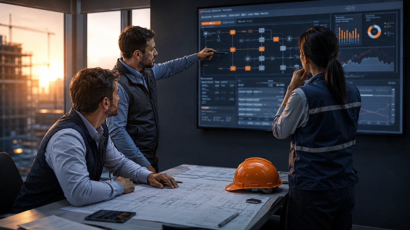 Equipe de engenharia analisando fluxo de processos de obra em tela