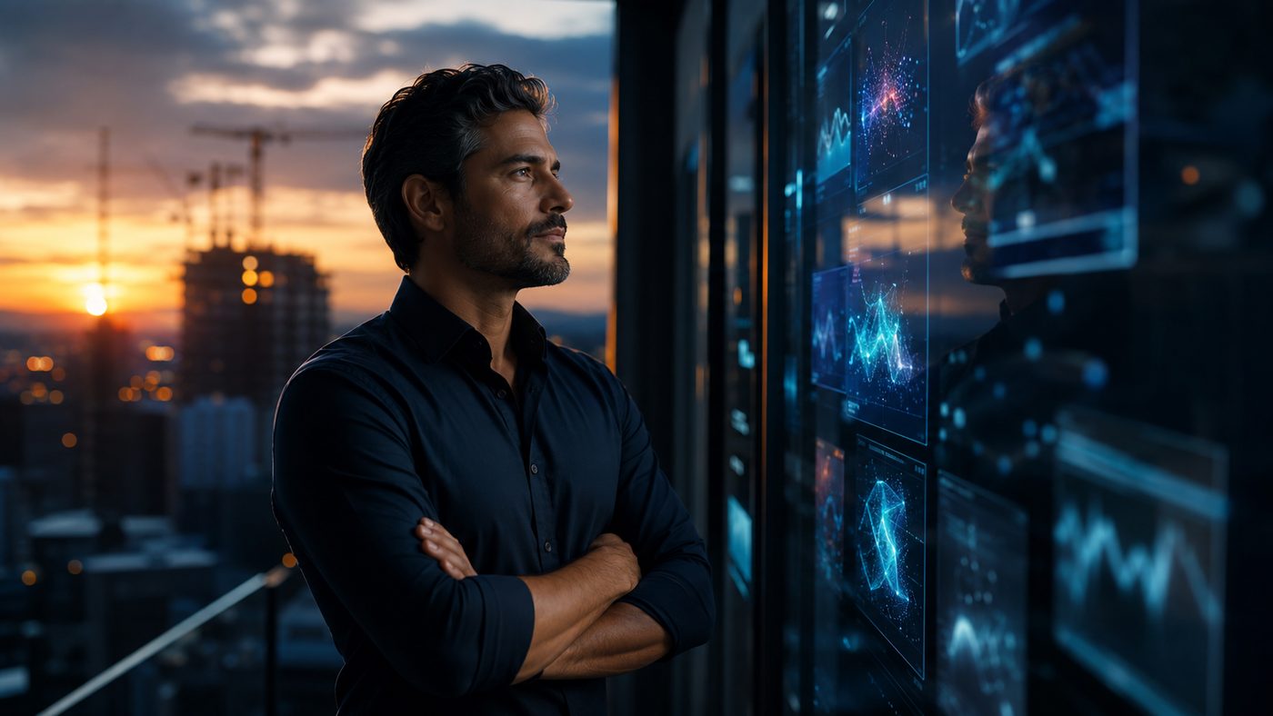 Líder diante de telas com assistentes de inteligência artificial