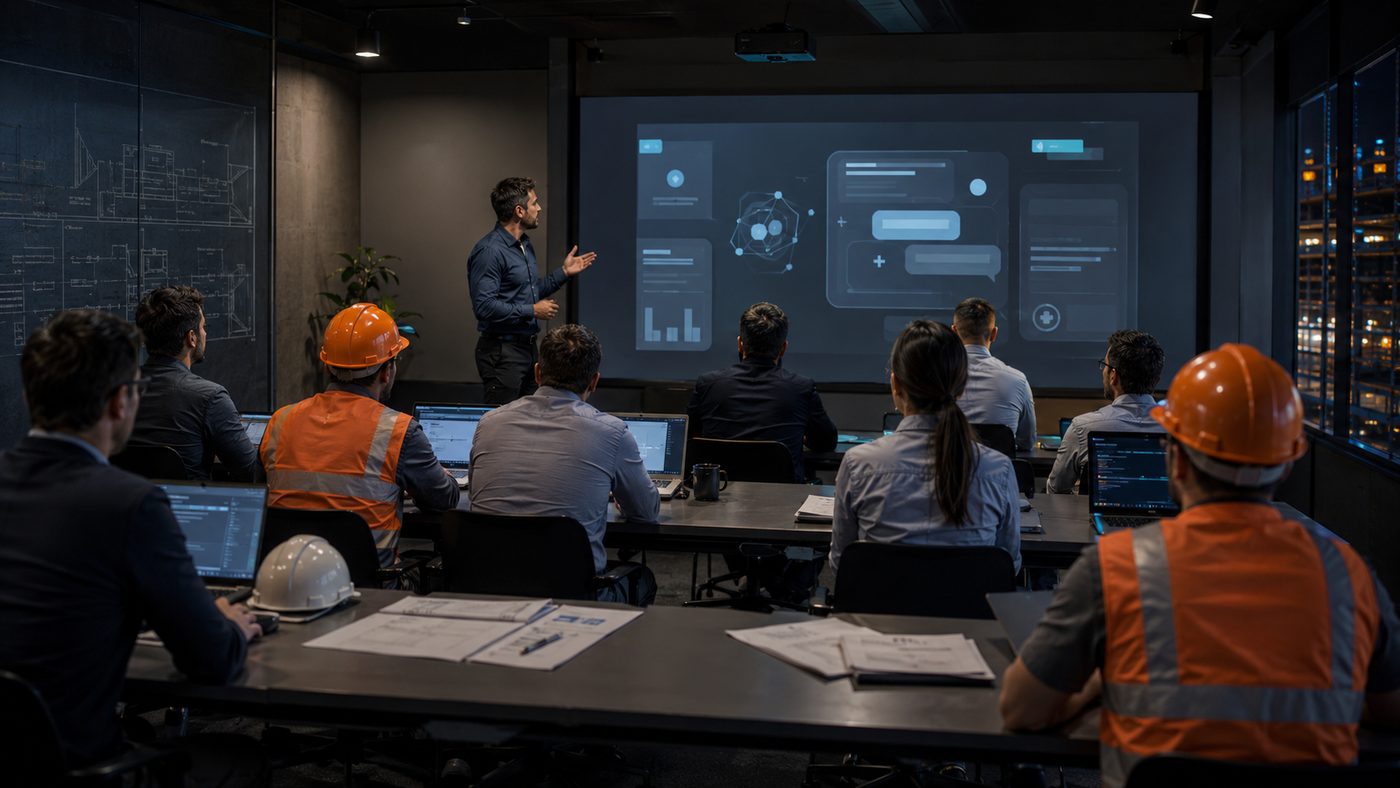 Turma de treinamento in-company com engenheiros e equipe de obra