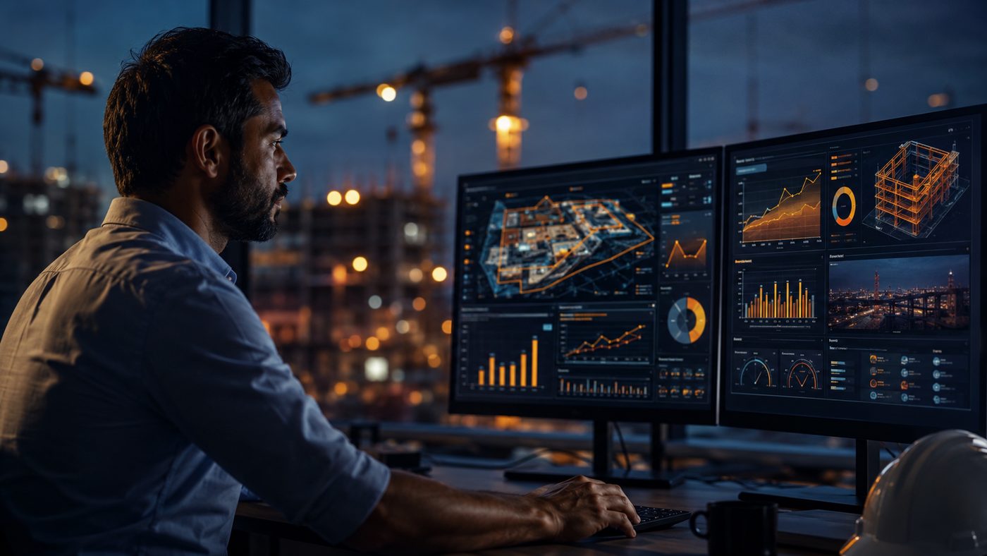 Engenheiro analisando painéis de gestão de obra em dois monitores